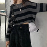 New Korean Style Cropped Vintage Oversize Knit Jumper Autumn Long Sleeve O-neck Pullover Sweater